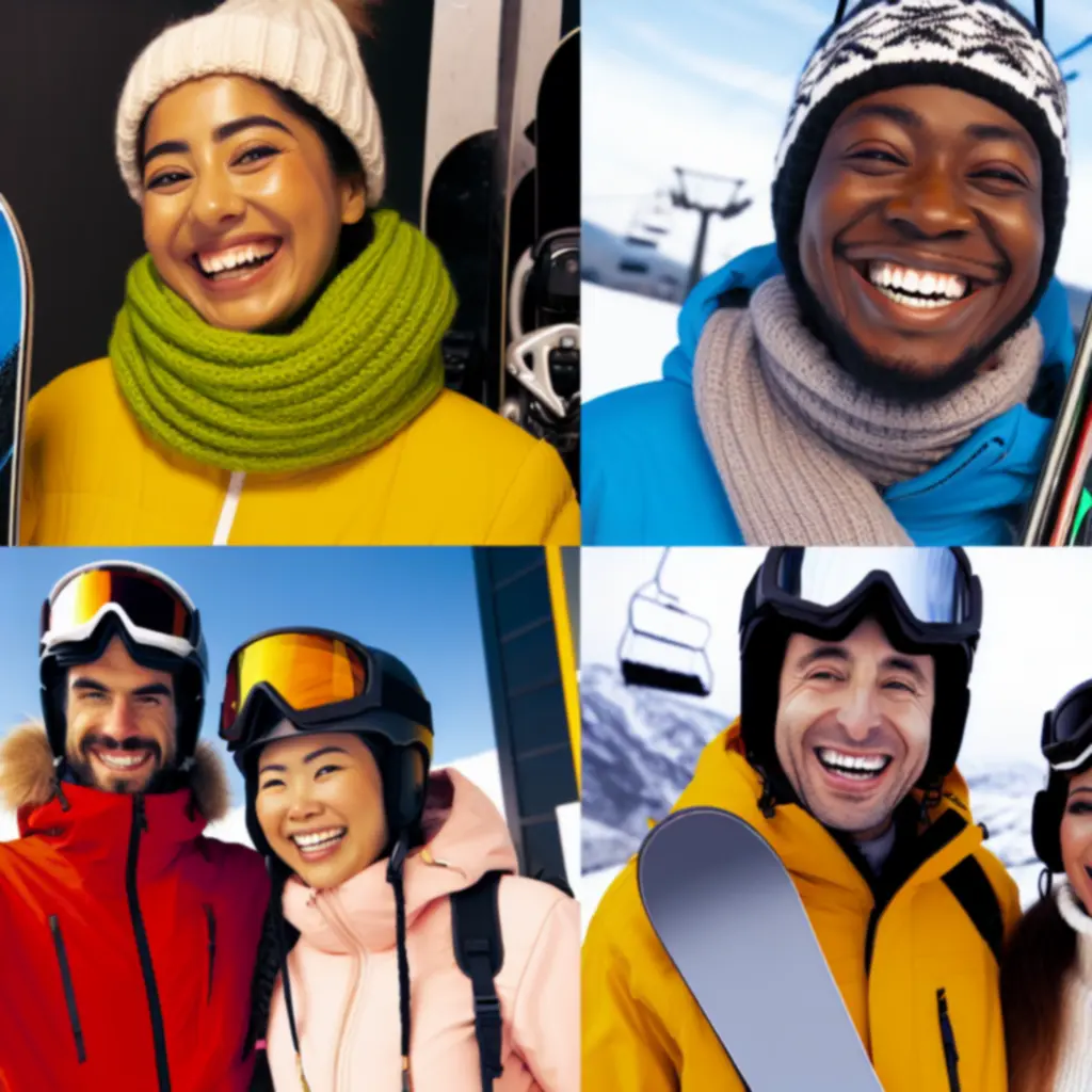 Blije klanten die ski-uitrusting uitproberen