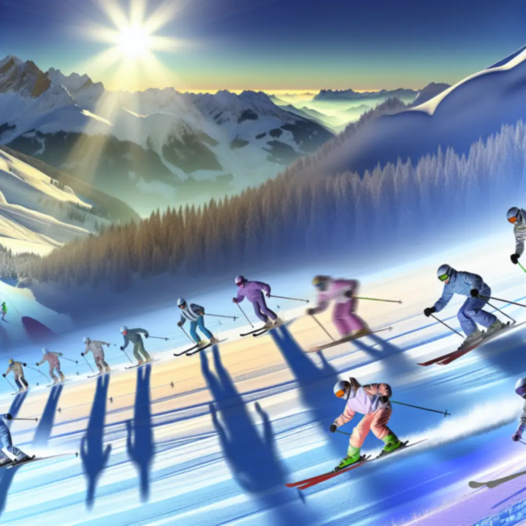 Skiërs op een alpine helling bij zonsopkomst