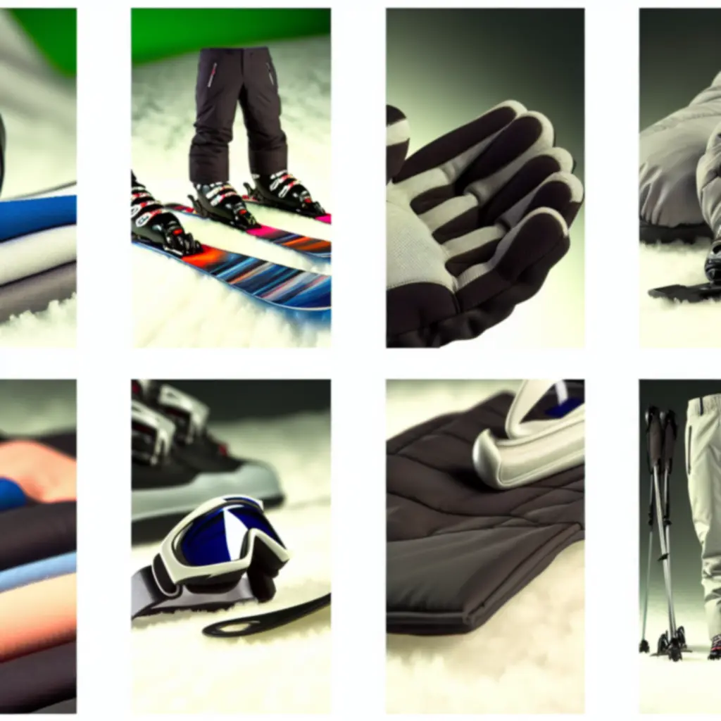 Selectie van ski essentials zoals helmen, goggles en handschoenen